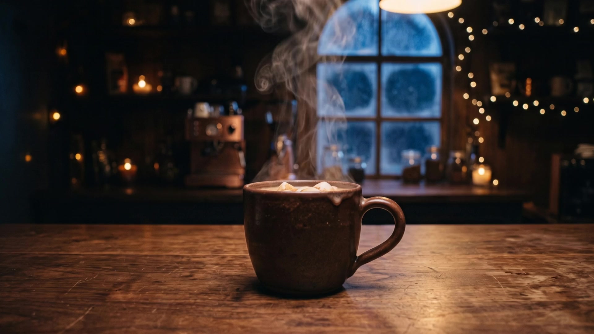 Hot chocolate steaming on the same café counter, with warm fairy lights and a snowy blue night outside.