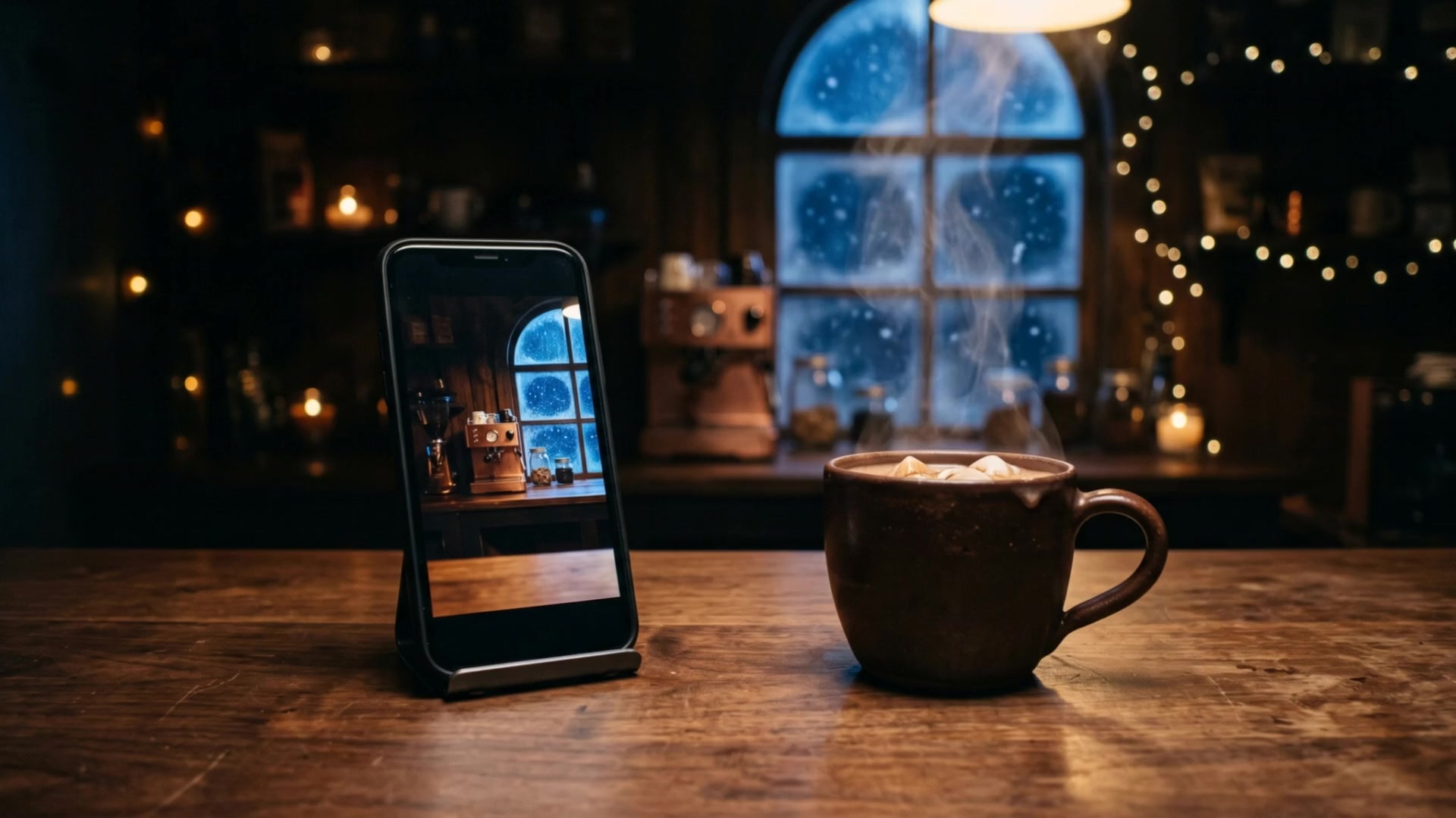 A phone on a warmly lit café counter, showing a photo of the shop.