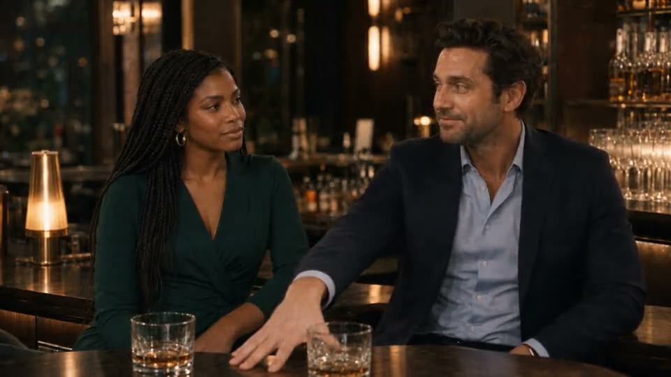 A conversation in a warmly lit bar.