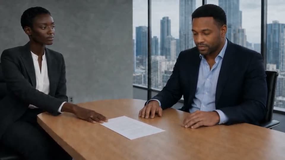 A cinematic boardroom scene.